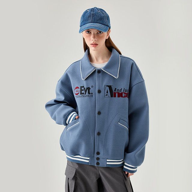 eyt Spring and Autumn Woolen Jacket Women's American High Street High-Level Lapel Jacket Couple Retro Loose Baseball Uniform