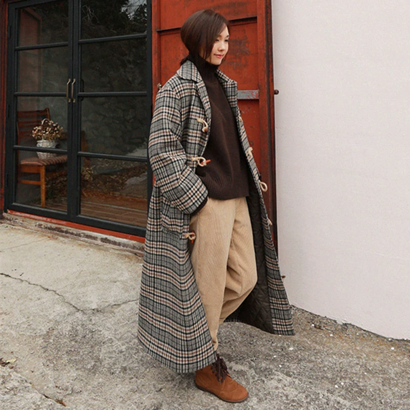 Mùa thu và mùa đông Phiên bản Hàn Quốc rộng cỡ trên đầu gối áo khoác len dài nữ bình thường có nút sừng kén áo len - Áo len lót đôi