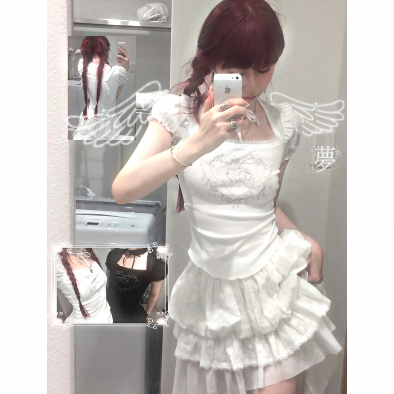 Findermond Original Feedback Model Features Girly Lace Splicing, Fake Two-Piece Design, Angel Berry Print Short Sleeves