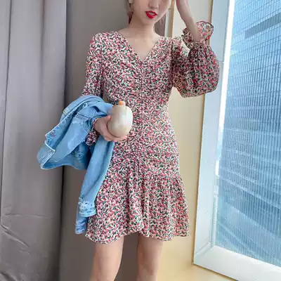 2021 summer New flared sleeve drawstring floral fishtail skirt women long sleeve V neck chiffon dress short skirt