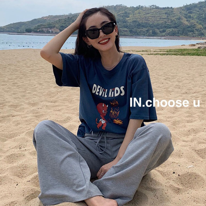 Fall new Korean version Fashion printed letters Short sleeves T-shirt Female Casual Casual Half Sleeve Blouse Women Wave