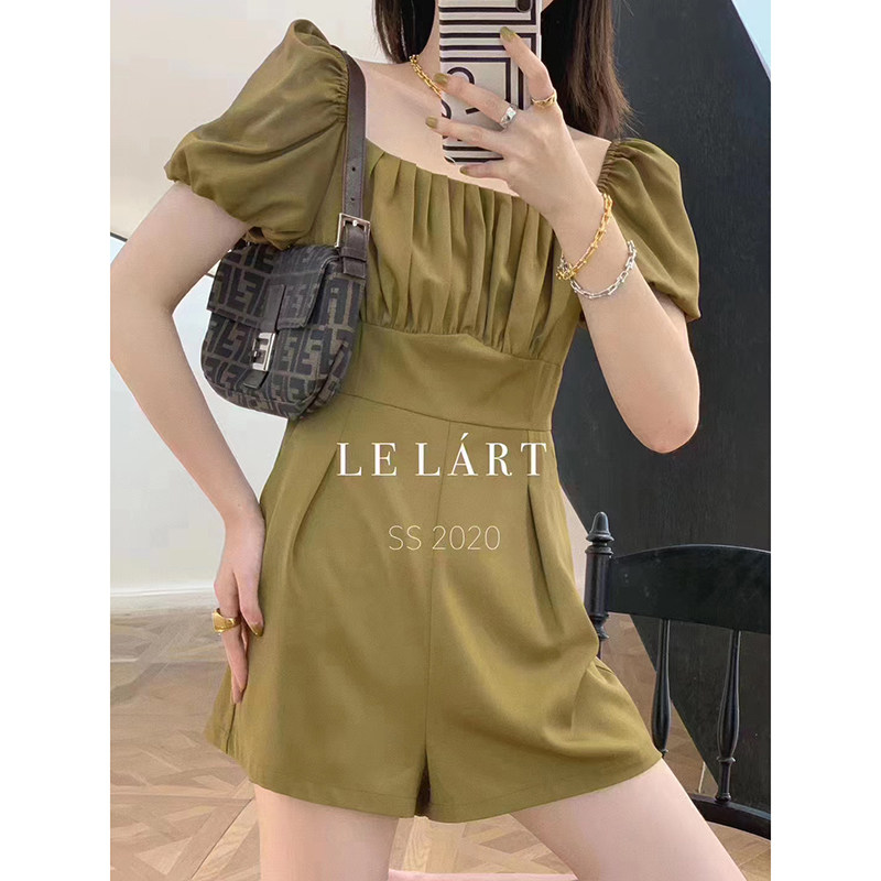 2022 square collar French style pleated waist jumpsuit women's summer foreign bubble sleeve casual wide-leg jumpsuit shorts