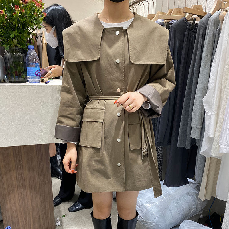 FTHREE autumn clothes new fashion Korean version tooling wind large turning over waist strap with long version of wind coat jacket female tide