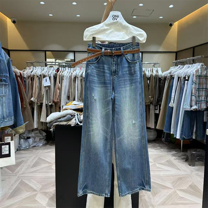 Oni Blue Denim Pants for Women, Fashionable Distressed Casual Wide-Leg Pants, Women's ins Trendy 2026 Autumn New Collection Oni Blue Denim Pants for Women, Fashionable Distressed Casual Wide-Leg Pants, Women's ins Trendy 2026 Autumn New Collection