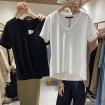 HOO 2023 Summer Han Edition with a topper female t桖a simple pure color design sense U console machine short sleeve T shirt tide