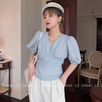 Summer new hipster V neck plaid short sleeve shirt Women design sense drawstring waist short bubble sleeve top