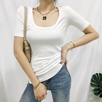 2021 Spring Summer New solid color wild U-collar short sleeve T-shirt female slim candy color basic T-shirt top