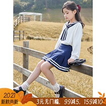 Girl autumn set 2021 New Tong Net Red Spring and Autumn foreign gas Navy Academy wind pleated skirt two-piece