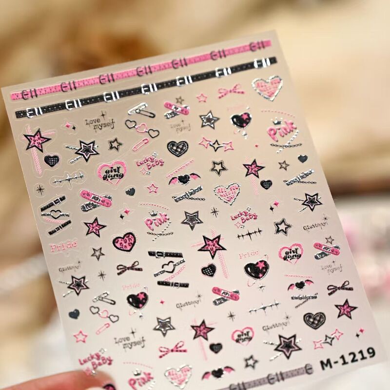 New Sweet and Cool Y2K 2025 3D Embossed Nail Art Heart Stickers Barbie Denim Style DIY Adhesive Nails