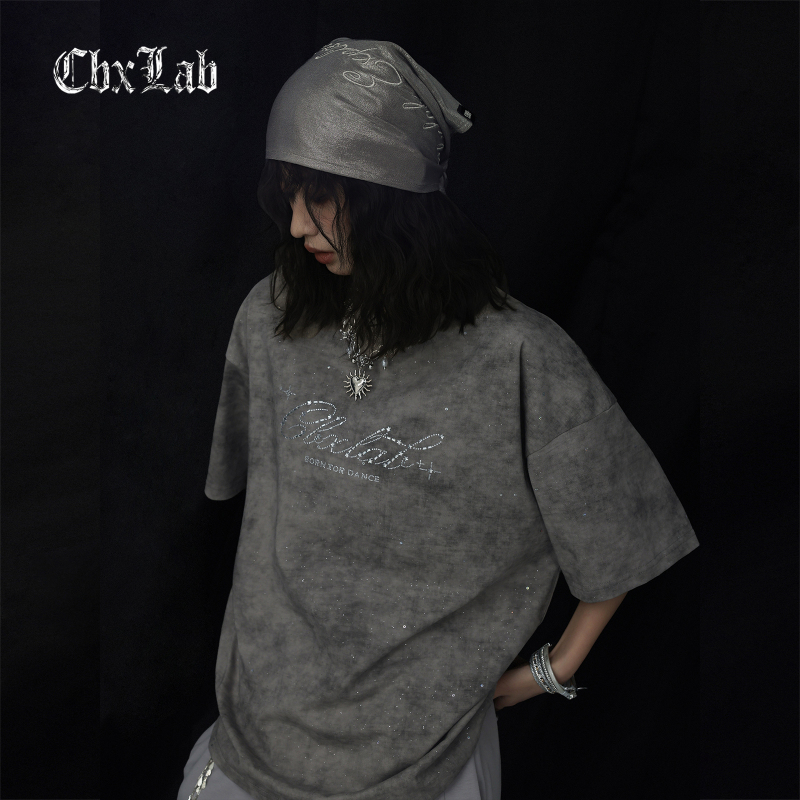 Cbxlab Street Dance Trendy Brand Dark Gray Tie-Dye Rhinestone Hip-Hop T-Shirt Vintage Wasteland Jazz Top European and American Short-Sleeve Fashion
