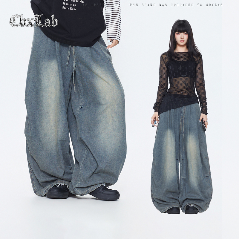 Cbxlab Street Dance Trendy Brand Flowy Water-Style Oversized Dark Blue Gothic Denim Pants Hip-Hop Street Casual Pants