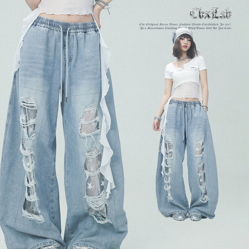 Cbxlab Street Dance Trendy Brand Blue Denim Patchwork Ripped Dance Pants with a Sense of Design, Jazz Hot Girl Casual Pants Trendy