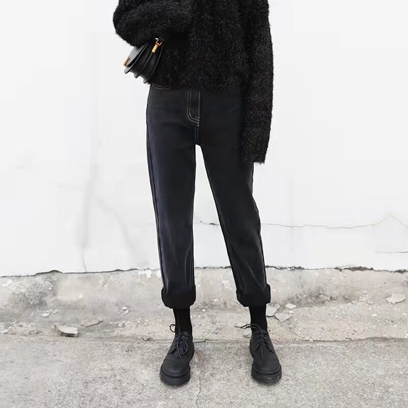 Pregnant women's jeans with fleece and thick outer wear casual harem pants Korean version of large size radish pants elastic outer wear trousers trendy