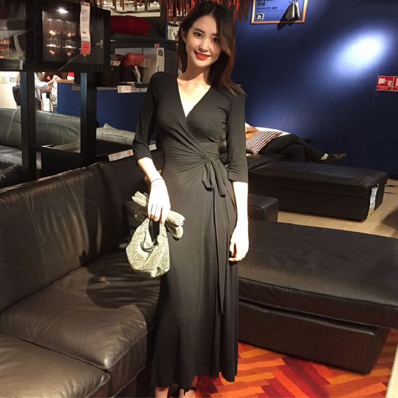 Modal Dress for Women, Spring and Summer, V-Neck, One-Piece Wrap-Around Waist-Cinching Little Black Dress, Sexy and Elegant, Slit Long Dress