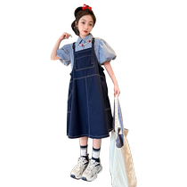 Girls dress for dress Summer 2024 new children Ocean Fashionable Summer Clothing Great Boy Shirt Denim Harness Skirt Suit