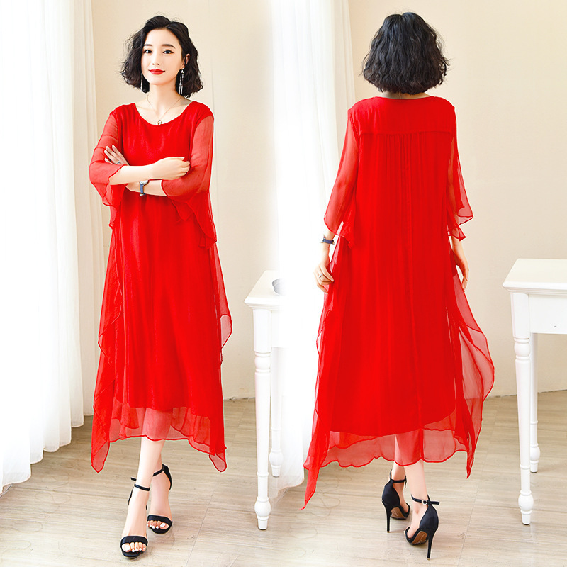 Red Silk Dress for Women, Mid-Length, 2023 Summer, Plus Size, Elegant Vacation Beach Dress, Heavy Mulberry Silk Long Dress