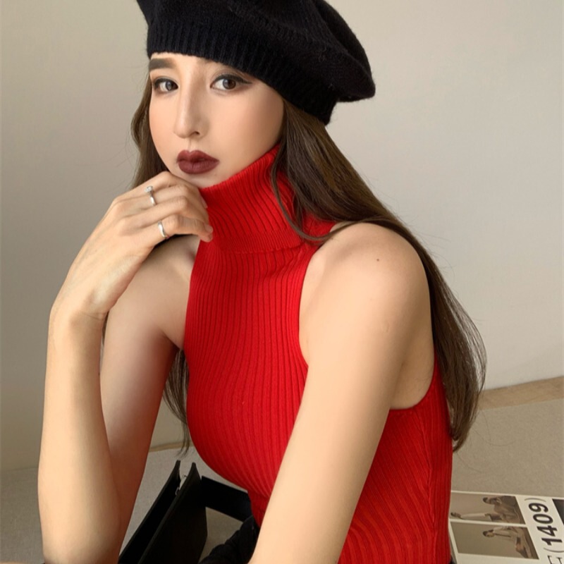 High-End Sleeveless Knitwear for Women 2024 Autumn and Winter New Slim Fit Red Turtleneck Turtleneck Vest with Trendy Inner Wear