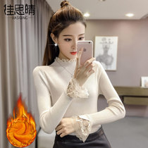 Lace semi-high neck plus velvet base shirt Women autumn and winter 2021 New Tide explosion thick Foreign style ladies inner sweater