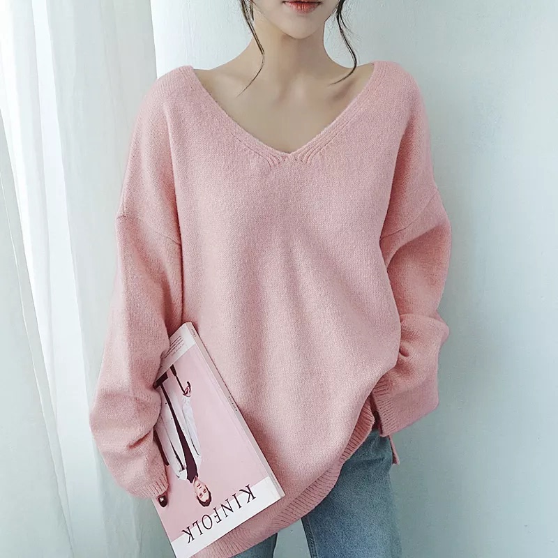 Plus-Size Trendy Versatile Sweater for Women 150kg with a Stylish V-Neck Design, Korean Style, Loose Fit, Long-Sleeve Knitwear