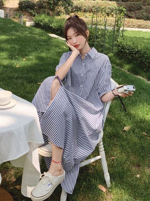 Striped polo collar shirt skirt for women in summer fat mm looking thin