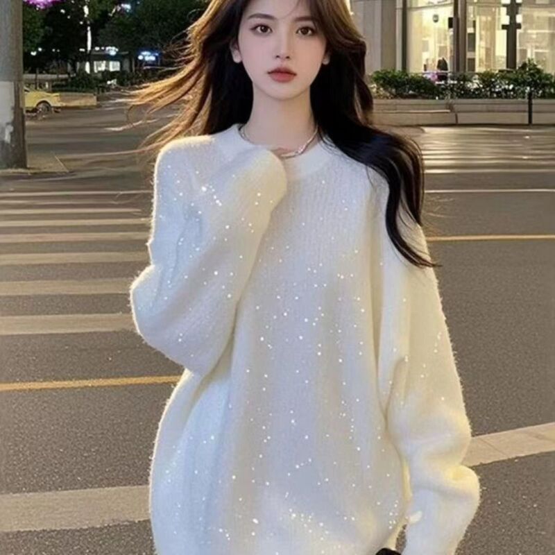 Plus-Size Women's 150kg Round-Neck Sequined Knit Sweater for Autumn and Winter, Casual High-End Mid-Length Loose Top Plus-Size Women's 150kg Round-Neck Sequined Knit Sweater for Autumn and Winter, Casual High-End Mid-Length Loose Top