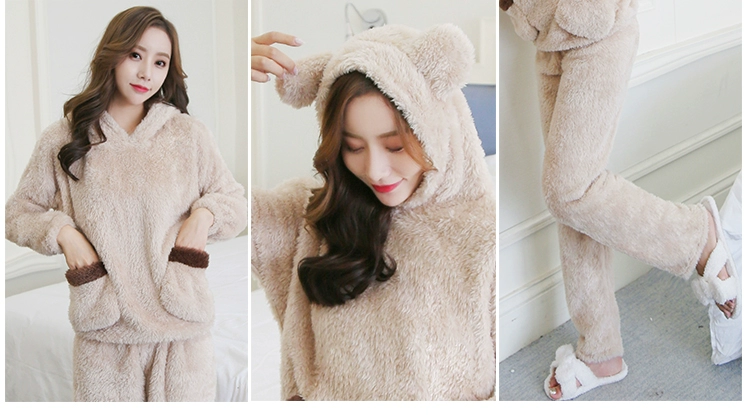 Đồ ngủ nữ mùa đông ấm flannel trùm đầu sang trọng dày đôi vợ chồng nữ dịch vụ nhà phong cách Hàn Quốc