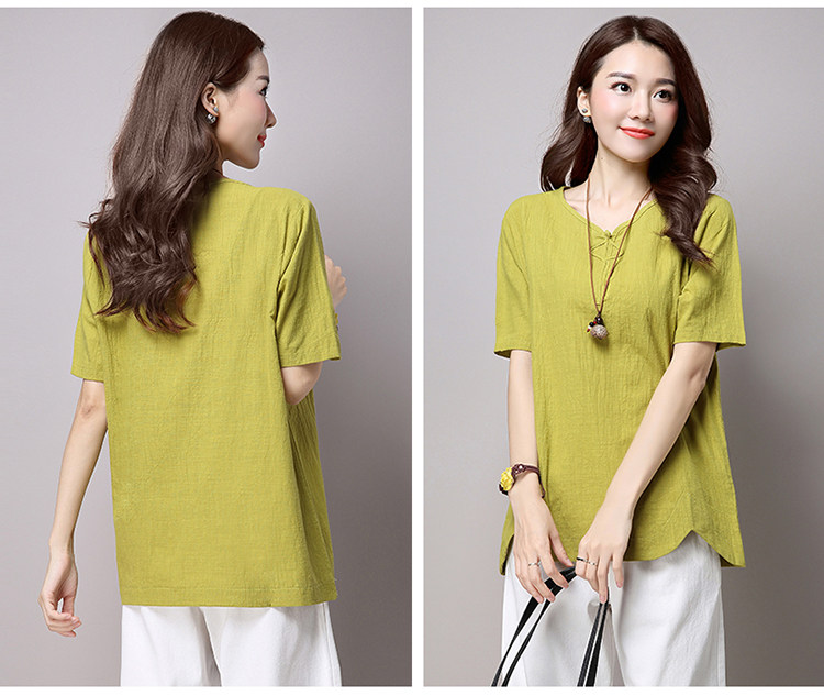 实拍3260#2022年夏新款棉麻大码女装文艺复古短袖T恤详情16