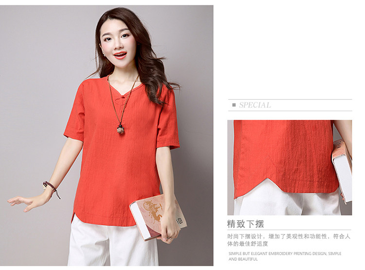 实拍3260#2022年夏新款棉麻大码女装文艺复古短袖T恤详情14