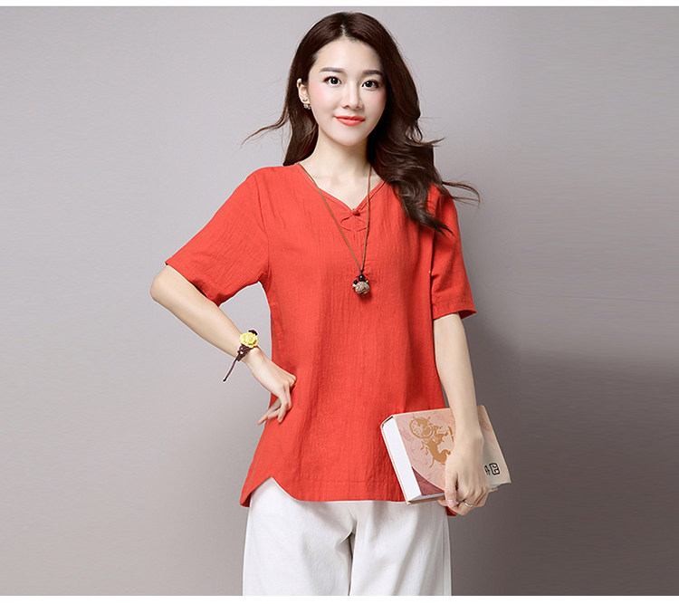 实拍3260#2022年夏新款棉麻大码女装文艺复古短袖T恤详情12