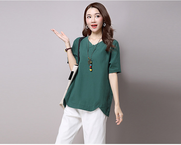 实拍3260#2022年夏新款棉麻大码女装文艺复古短袖T恤详情22