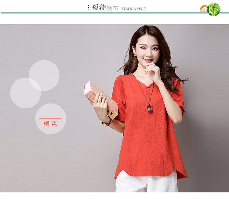 实拍3260#2022年夏新款棉麻大码女装文艺复古短袖T恤详情10