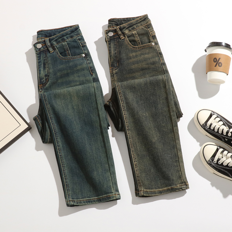 Vintage Distressed Denim Straight-Leg Pants for Women, 2024 Early Autumn New High-Waisted Slim-Fit Cropped Versatile Cigarette Pants