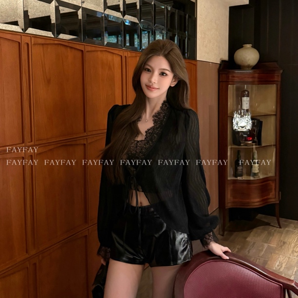 Fay【Mist Whisper】Classic and Elegant Socialite Style, Slightly Sheer Faux Two-Piece Lace Tie Cardigan Fay【Mist Whisper】Classic and Elegant Socialite Style, Slightly Sheer Faux Two-Piece Lace Tie Cardigan