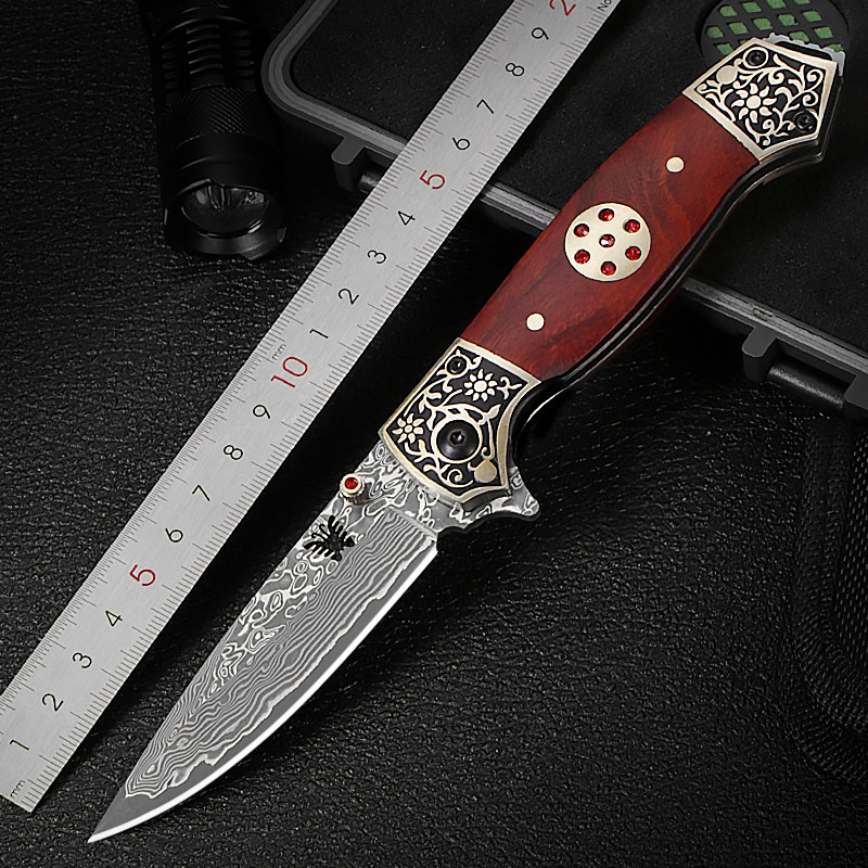 Damascus steel folding knife outdoor self-defense saber high hardness sharp knife field survival knife fruit knife