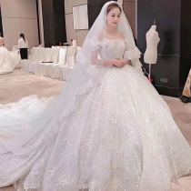 Main wedding dress 2020 new bride court heavy industry word shoulder dress starry sky long tail luxury tutu pregnant woman
