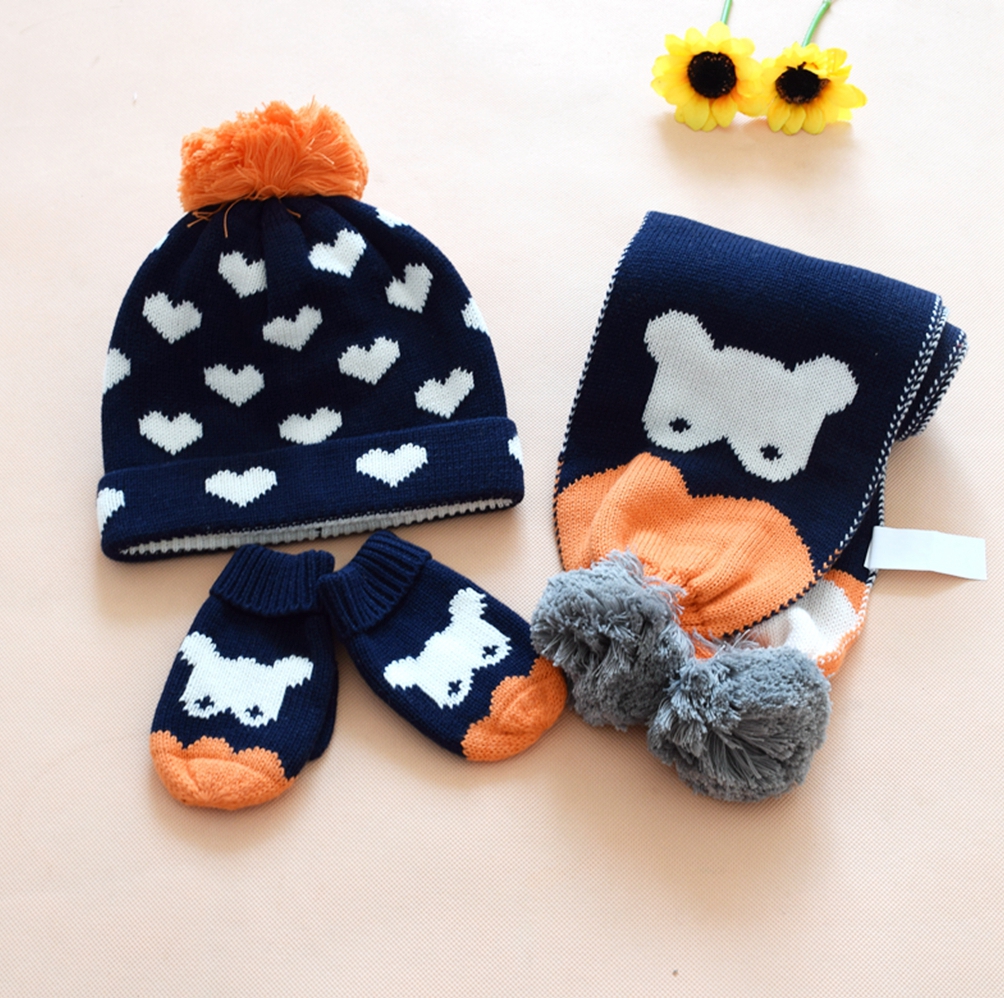 Autumn Winter Children Pure Cotton Knit Hat Scarves gloves Three-kit men and women Baby Boy Double Wire Cap Scarf