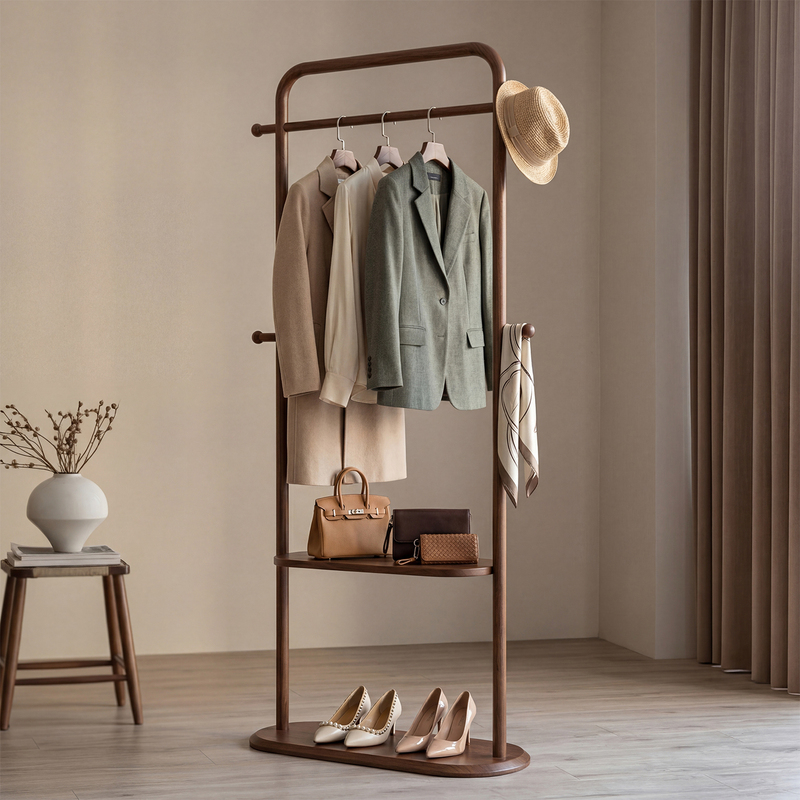 Ash Wood Coat Rack Floor-Standing Bedroom Solid Wood Nordic Simple Living Room Foyer Coat and Shoe Rack Wooden Large Clothes Rack