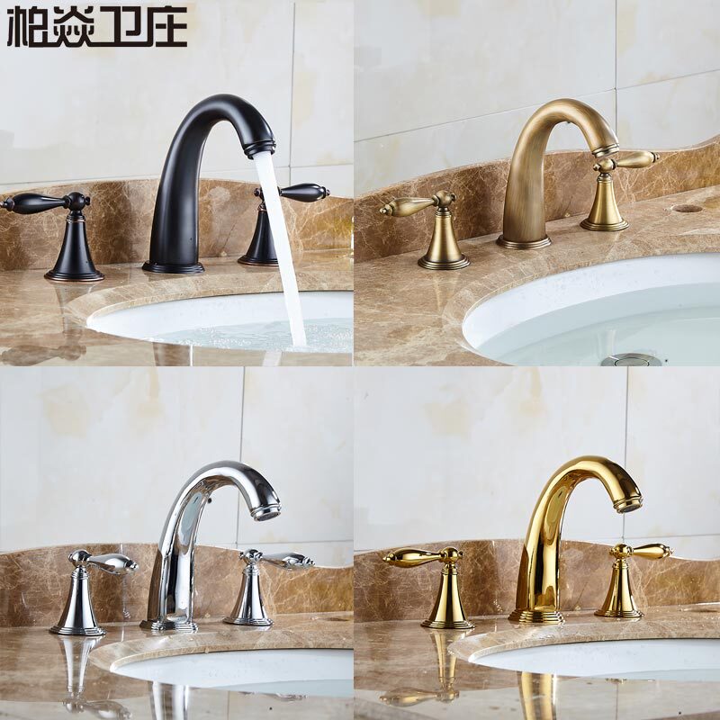 Brass Black Antique-Style Three-Hole Basin Faucet, Separate Faucet for Bathroom Cabinet, Luxury Gold-Black Faucet Three-Piece Set