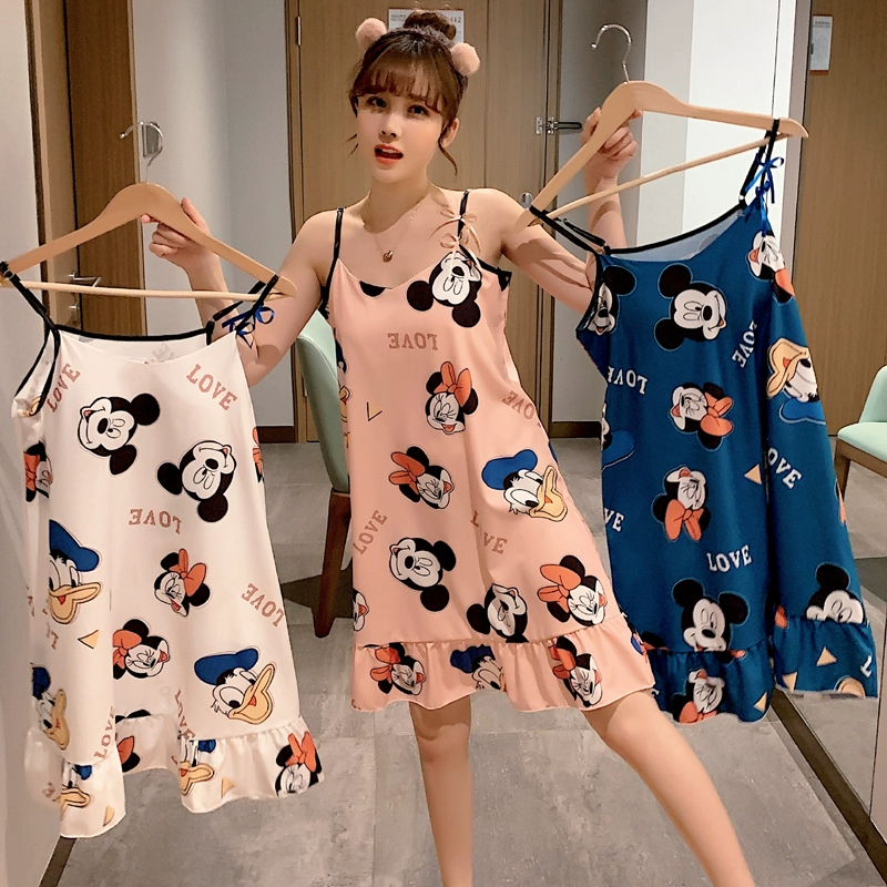 Váy ngủ có đệm ngực nữ mùa hè sexy địu hoạt hình phương thức đồ ngủ cotton lưới màu đỏ phục vụ tại nhà - Đêm đầm