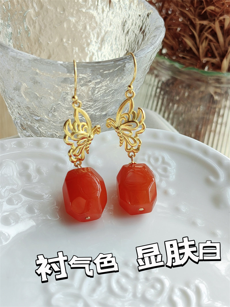 Серьги 稀有原矿保山冰红南红耳环天然红色珠宝复古奢华耳坠蝴蝶纯银耳钩耳环 OTHER