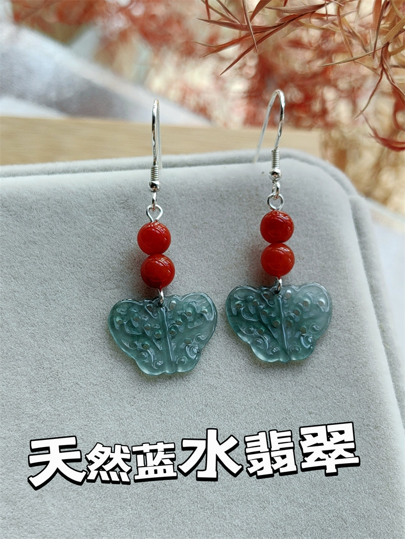 Серьги 天然蓝水翡翠蝴蝶耳环老坑南红耳饰玉石耳坠高级国风中式纯银耳钩耳环