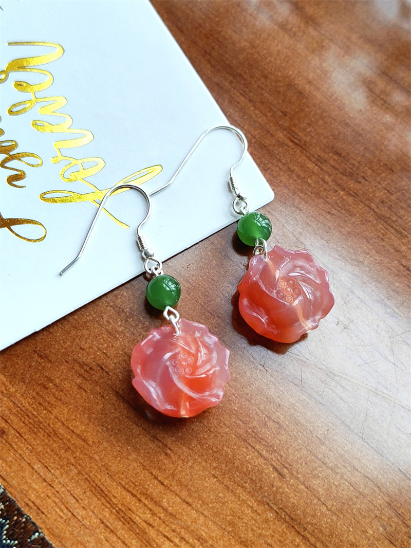 Серьги 天然粉盐源玛瑙牡丹花耳环和田碧玉耳饰新中式显白轻奢纯银耳饰女