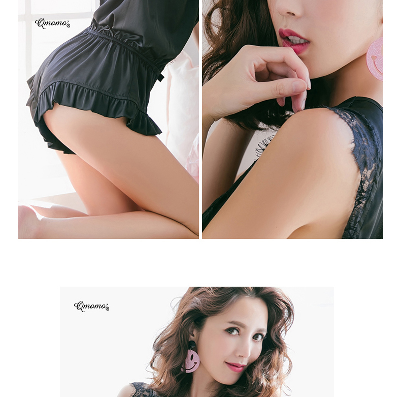 Qmomo Lust Avenue Sexy Sling Nightcraft Nữ Mùa hè Đồ lót trong suốt Ren Bộ đồ ngủ Halter pijama ngắn tay