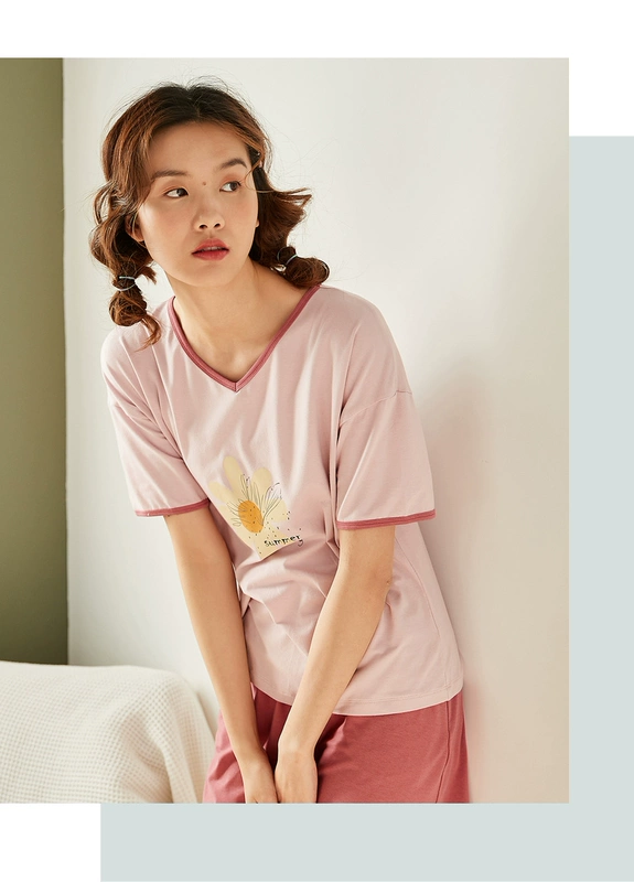 Dingguagua Phụ nữ mùa hè mỏng phần 100% cotton ngắn tay quần short pyjama set cotton cổ chữ V rộng rãi dịch vụ tại nhà - Cha mẹ và con