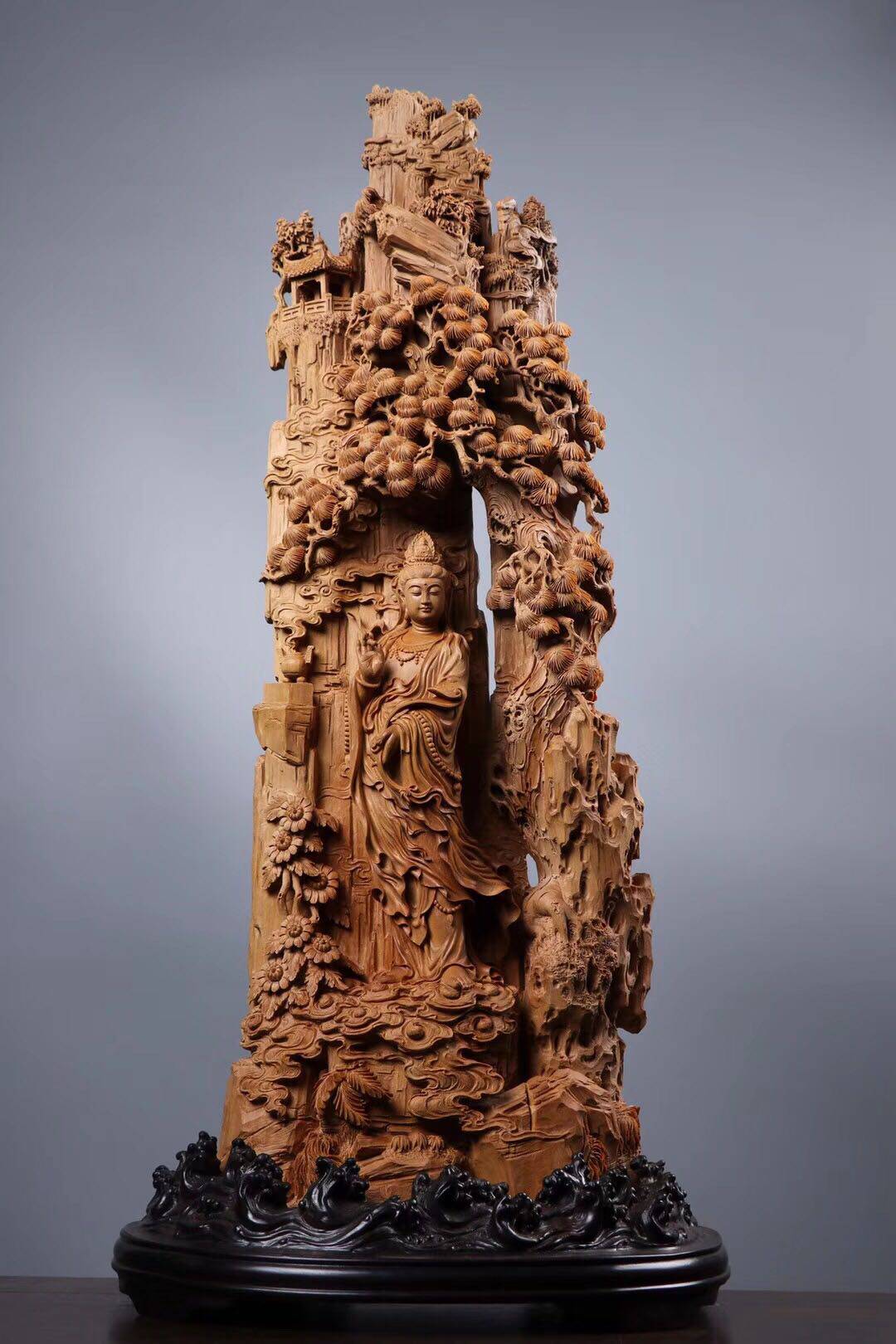 Clear Knife Hand Engraving Old Mountain Sandalwood Root Carving Pendulum Pieces At Ease In Guanyin Living-room Genguan Large Wood Sculpture Pendulum Boutique