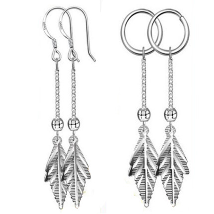 999 - Set silver earrings female maple leaf ear crash long stream Su ear decoration anti - allergic anti - anti - anti - silver leaf earhook