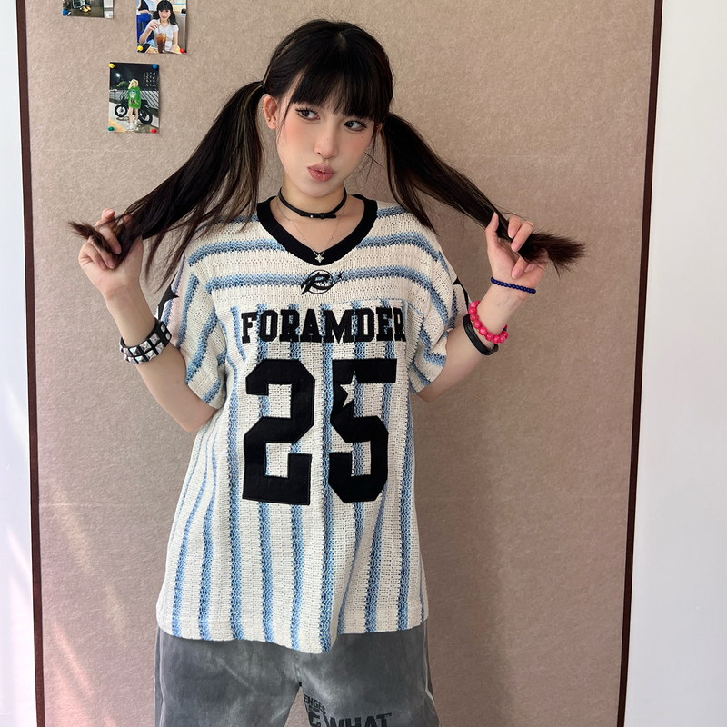 Childish American-Style Striped V-Neck Breathable Knit Jersey Summer Embroidered Number Loose Sports Casual Short-Sleeve T-Shirt for Women