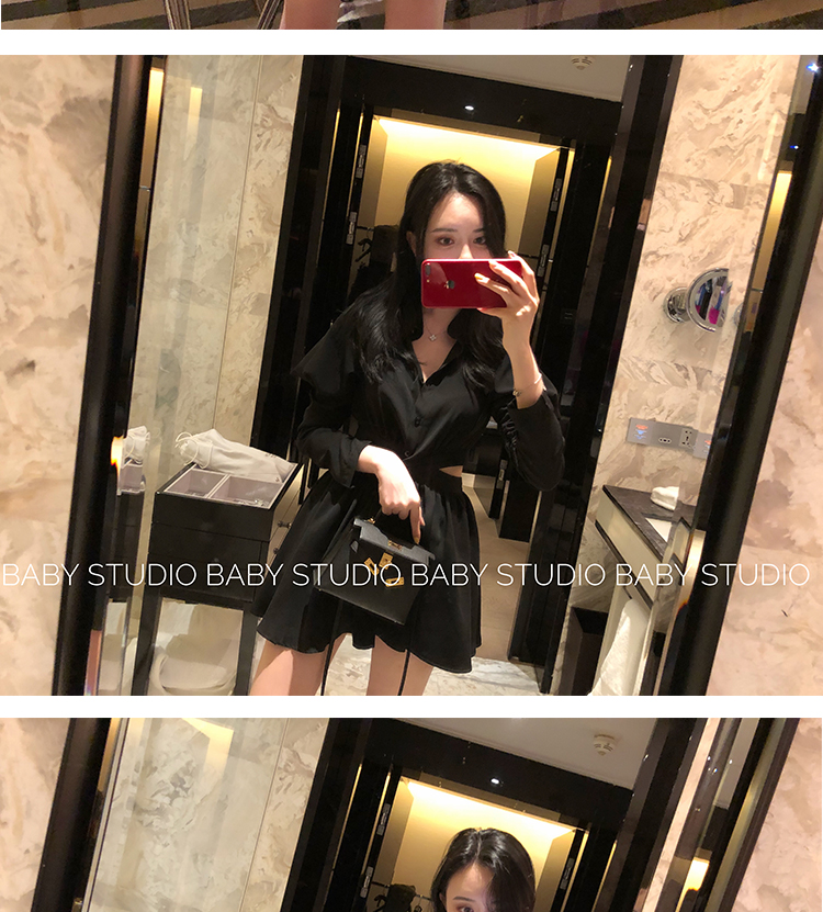 BGM Hồng Kông hương vị váy sơ mi nữ 2018 mùa thu mới gợi cảm eo thon retro tay áo dài tay áo 	váy siết eo