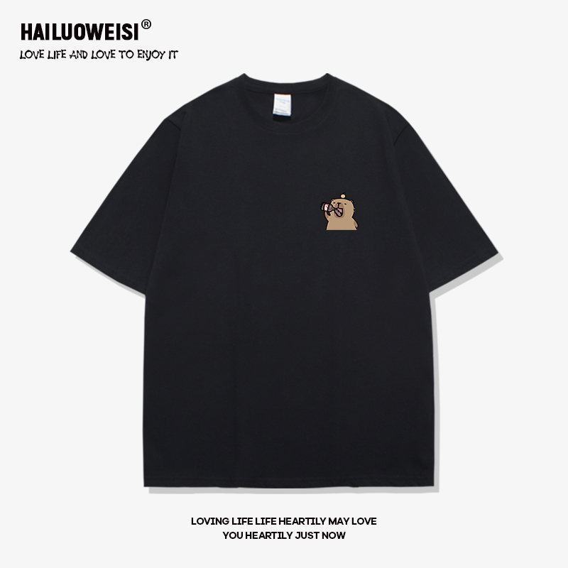 Kapibala Couple Short-Sleeved 2024 Summer New Pure Cotton American Style Trendy Simple Black T-Shirt for Men