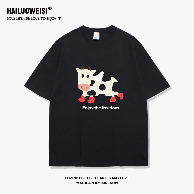 Cartoon Cow Couple Short-Sleeved Summer New Black Pure Cotton T-Shirt Men's Trendy Original Gender-Neutral Half-Sleeve